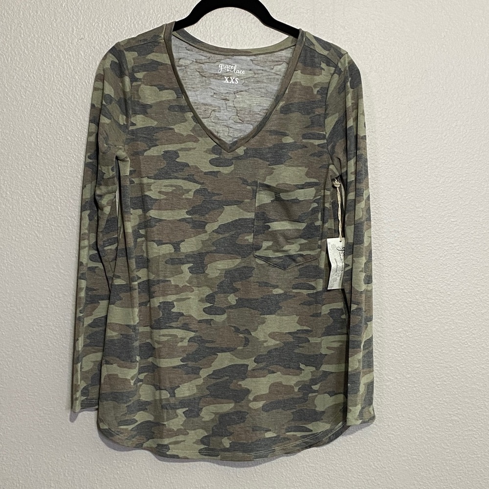 NWT Grace & Lace LS Perfect Pocket Tee Camo size XXS